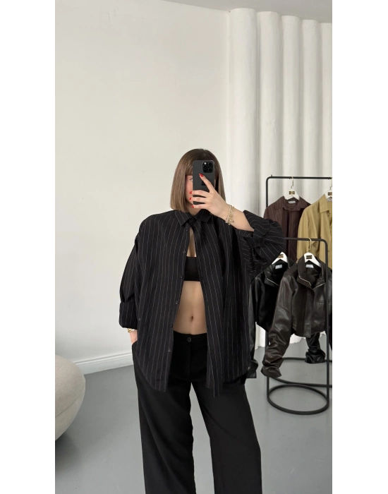 Allison Çizgili Salaş Gömlek - Siyah