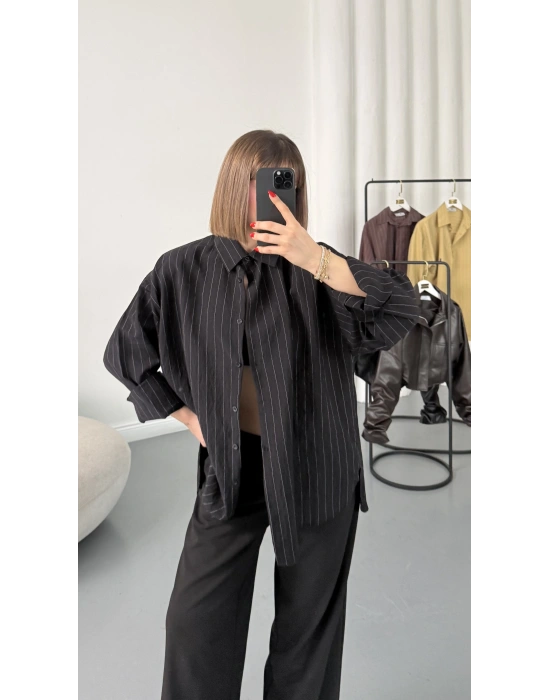Allison Çizgili Salaş Gömlek - Siyah