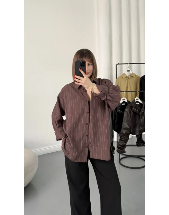 Allison Çizgili Salaş Gömlek - Kahve