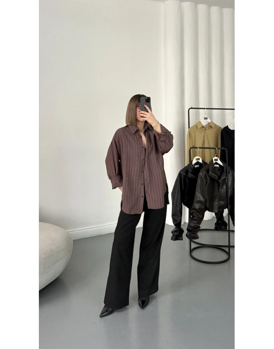 Allison Çizgili Salaş Gömlek - Kahve