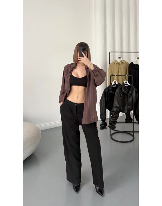 Allison Çizgili Salaş Gömlek - Kahve