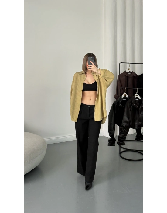 Allison Çizgili Salaş Gömlek - Yağ Yeşili