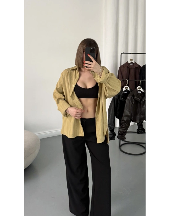 Allison Çizgili Salaş Gömlek - Yağ Yeşili