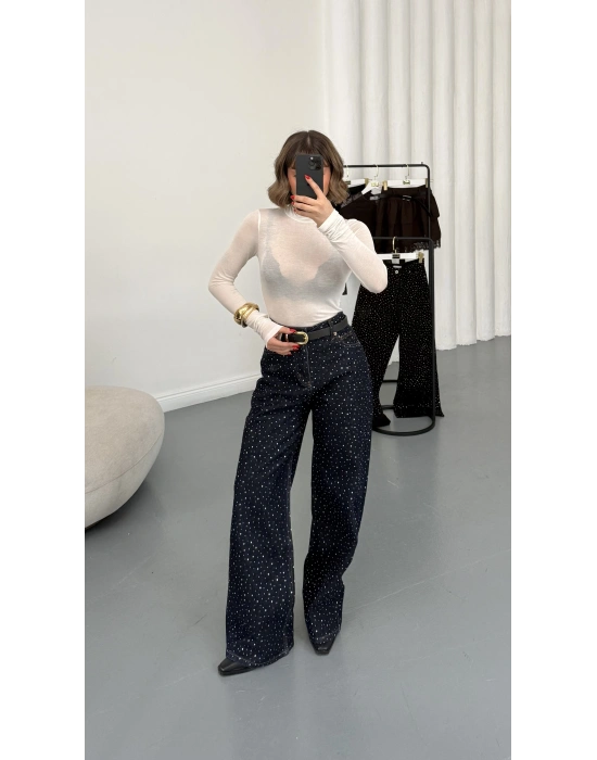 Kitty Taşlı Bol Paça Jean - Lacivert