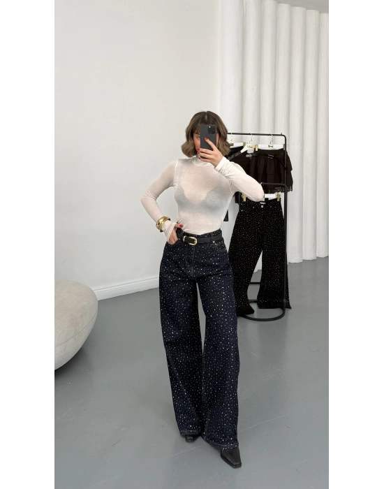 Kitty Taşlı Bol Paça Jean - Lacivert