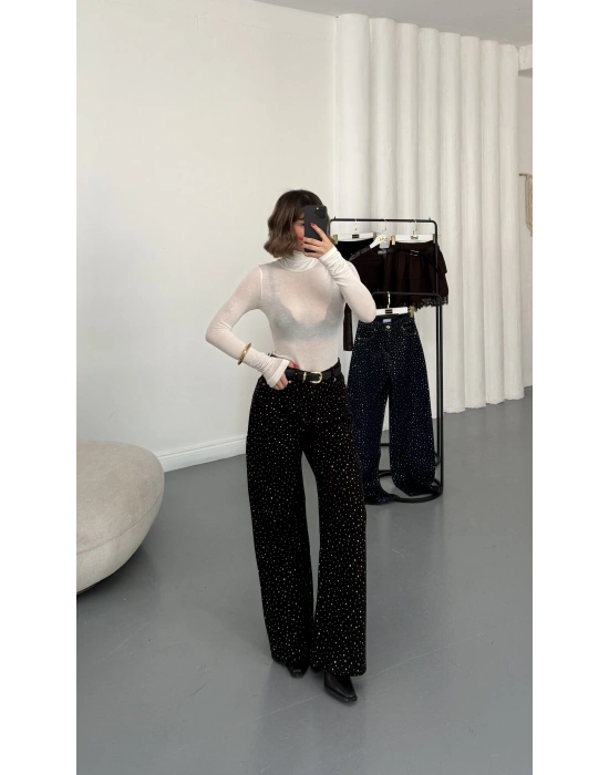 Kitty Taşlı Bol Paça Jean - Füme