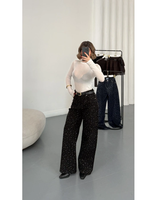 Kitty Taşlı Bol Paça Jean - Füme