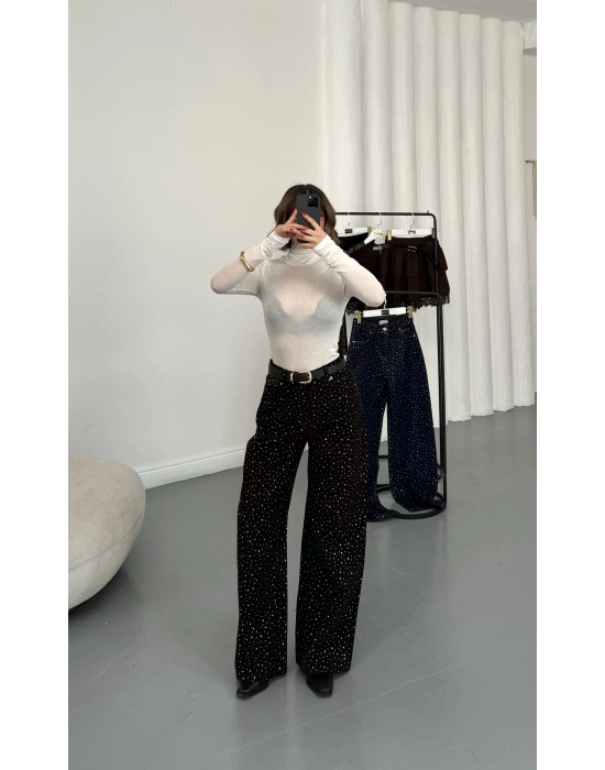 Kitty Taşlı Bol Paça Jean - Füme