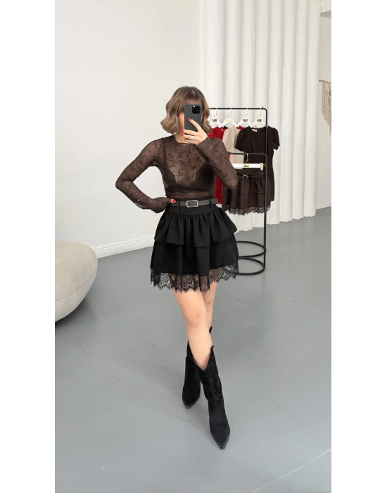 Arya Kemerli Katlı Etek - Siyah