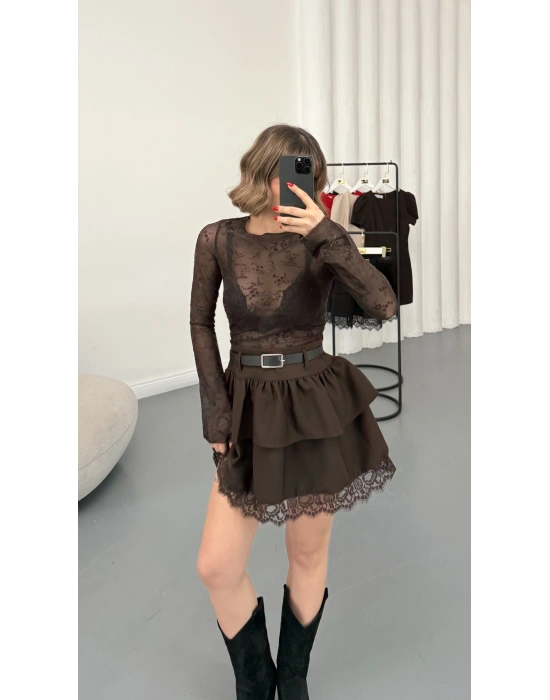 Arya Kemerli Katlı Etek - Kahve