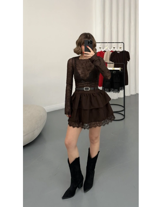 Arya Kemerli Katlı Etek - Kahve