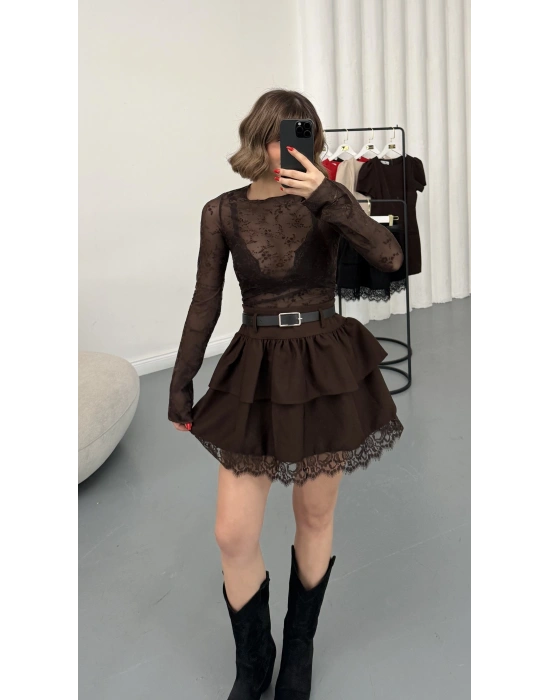 Arya Kemerli Katlı Etek - Kahve