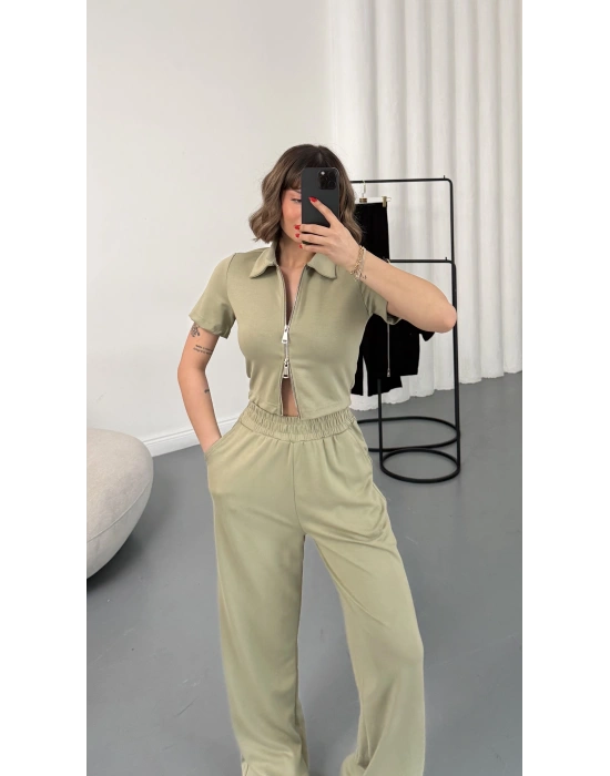 Rena Fermuarlı Crop Takım - Haki