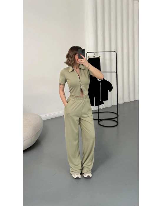 Rena Fermuarlı Crop Takım - Haki