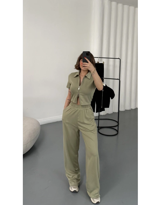 Rena Fermuarlı Crop Takım - Haki