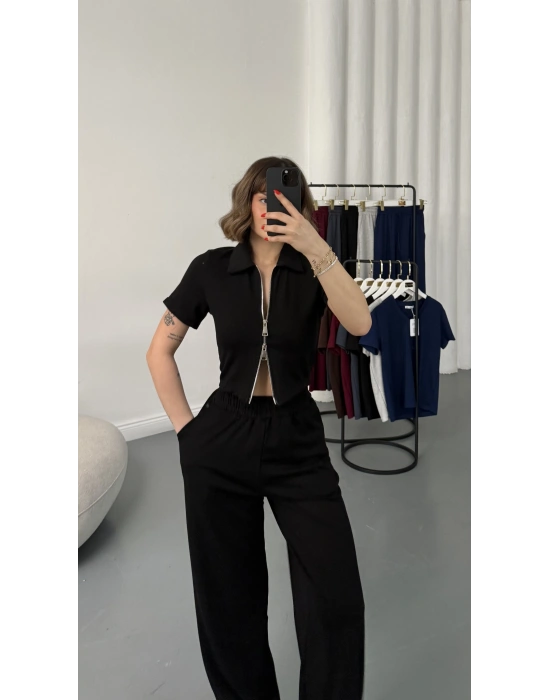 Rena Fermuarlı Crop Takım - Siyah