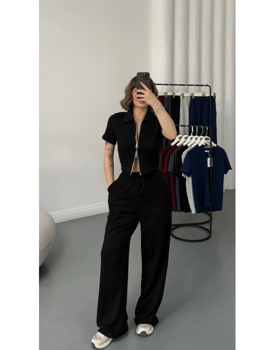 Rena Fermuarlı Crop Takım - Siyah