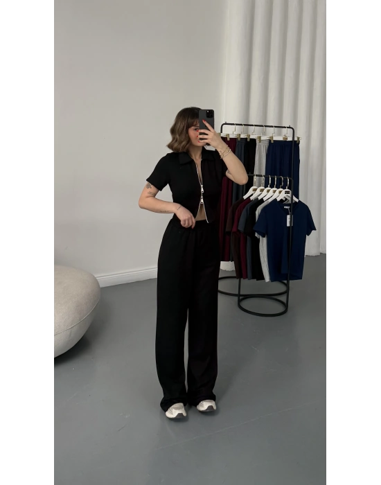 Rena Fermuarlı Crop Takım - Siyah