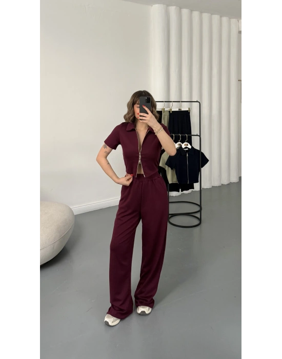 Rena Fermuarlı Crop Takım - Bordo