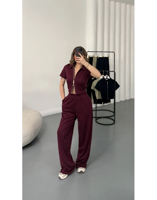 Rena Fermuarlı Crop Takım - Bordo
