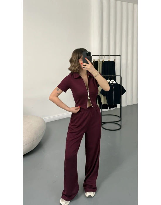 Rena Fermuarlı Crop Takım - Bordo