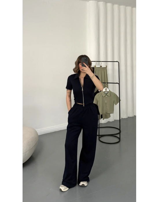 Rena Fermuarlı Crop Takım - Lacivert