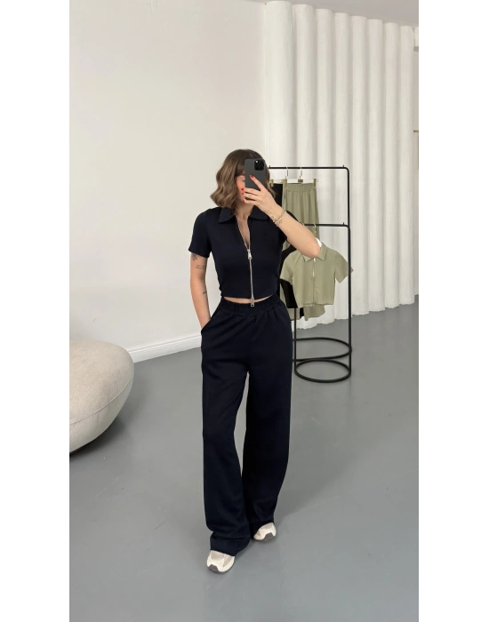 Rena Fermuarlı Crop Takım - Lacivert