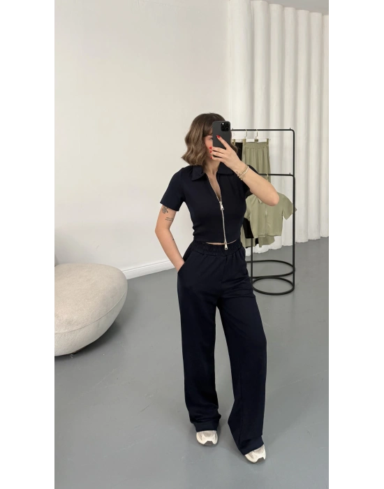 Rena Fermuarlı Crop Takım - Lacivert