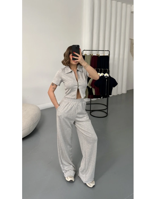 Rena Fermuarlı Crop Takım - Gri Melanj