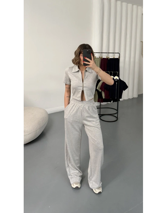 Rena Fermuarlı Crop Takım - Gri Melanj