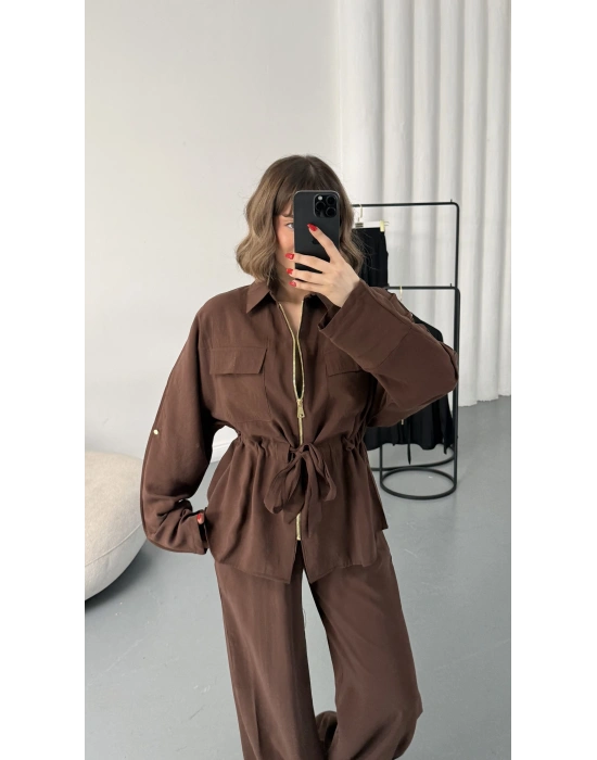 Belin Fermuarlı Tencel Takım - Kahve