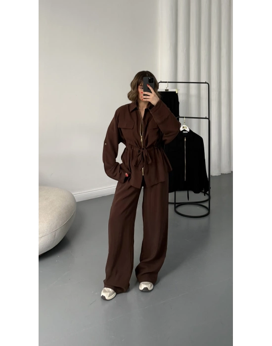 Belin Fermuarlı Tencel Takım - Kahve