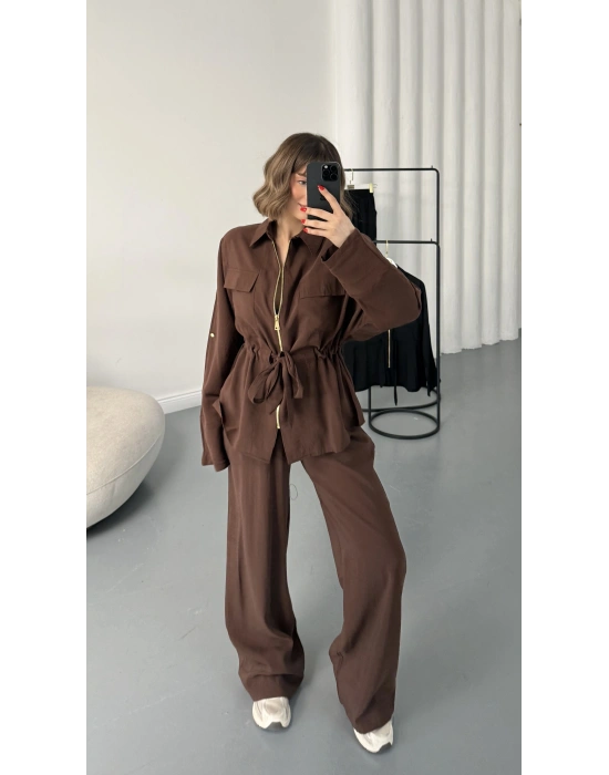 Belin Fermuarlı Tencel Takım - Kahve