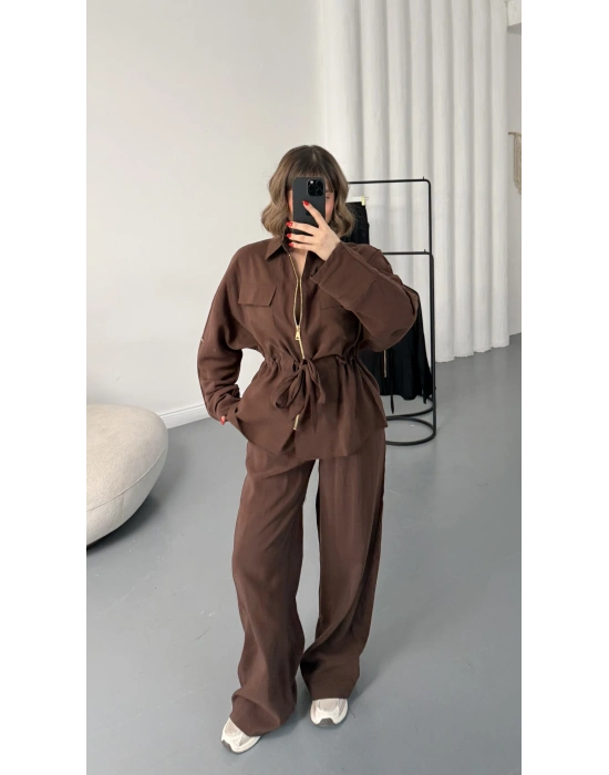 Belin Fermuarlı Tencel Takım - Kahve