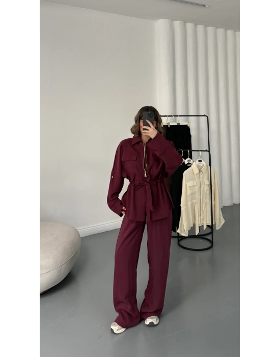 Belin Fermuarlı Tencel Takım - Bordo