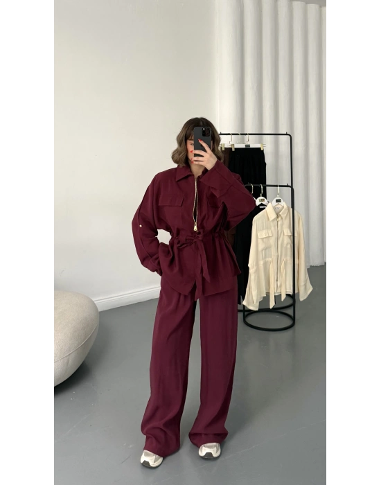 Belin Fermuarlı Tencel Takım - Bordo