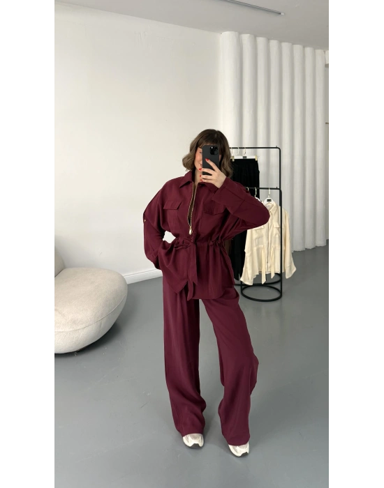 Belin Fermuarlı Tencel Takım - Bordo
