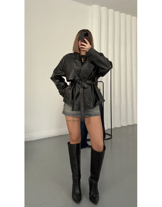 Merlin Kuşaklı Deri Ceket - Siyah