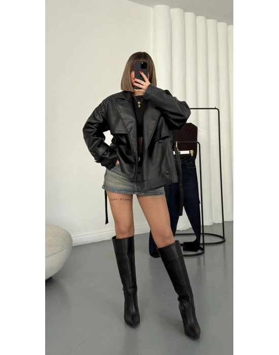 Merlin Kuşaklı Deri Ceket - Siyah