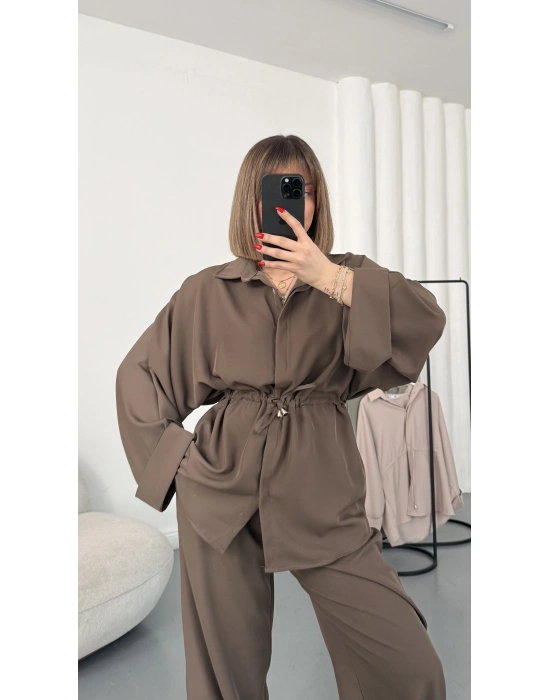 Tina Bel Büzgülü Gömlek Takım - Kahve