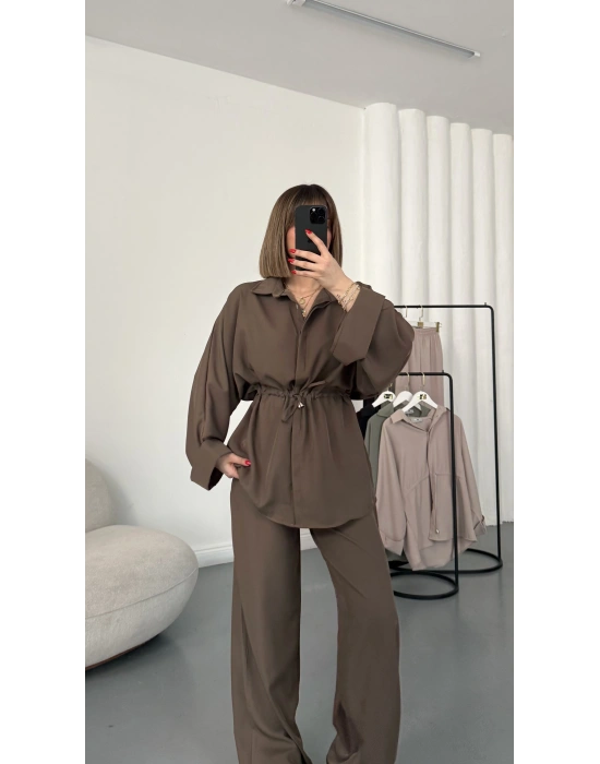 Tina Bel Büzgülü Gömlek Takım - Kahve