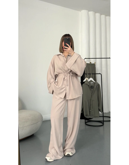 Tina Bel Büzgülü Gömlek Takım - Bej