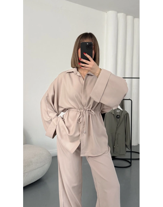 Tina Bel Büzgülü Gömlek Takım - Bej