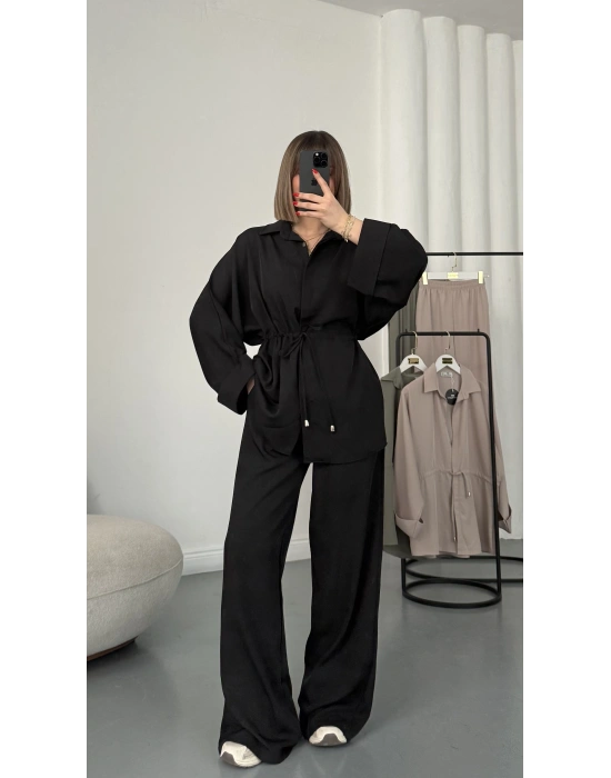 Tina Bel Büzgülü Gömlek Takım - Siyah