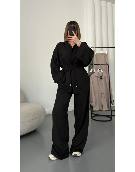 Tina Bel Büzgülü Gömlek Takım - Siyah