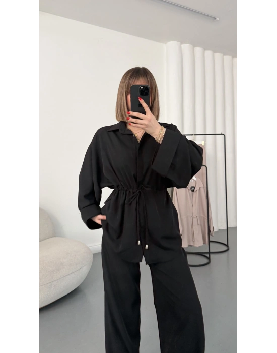 Tina Bel Büzgülü Gömlek Takım - Siyah