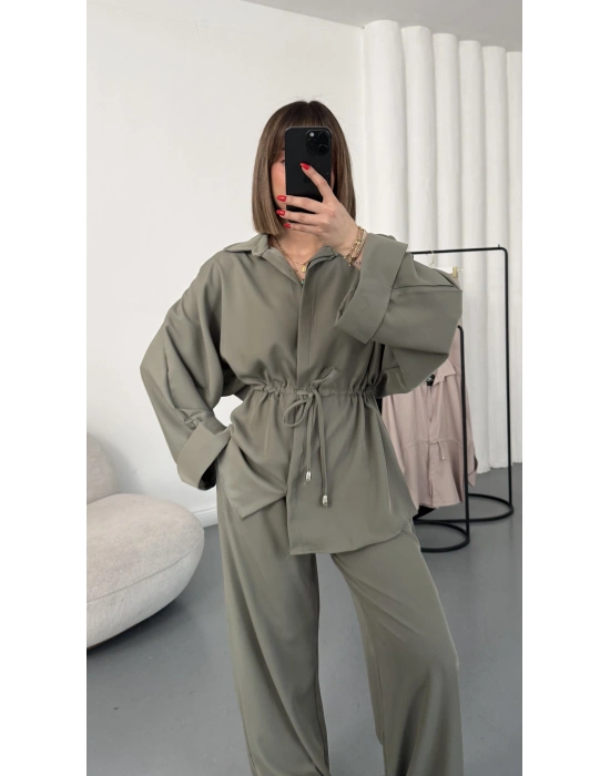 Tina Bel Büzgülü Gömlek Takım - Haki