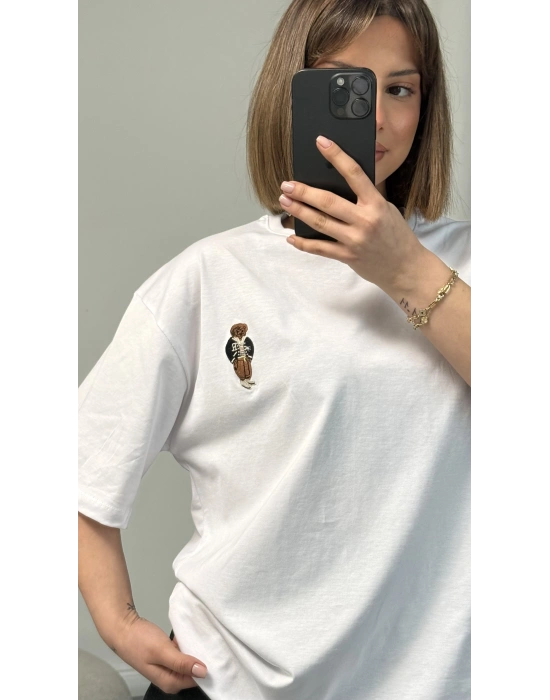 Bear Nakışlı Oversize Tshirt - Beyaz