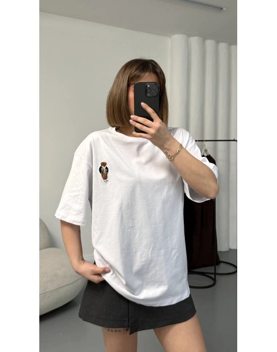 Bear Nakışlı Oversize Tshirt - Beyaz