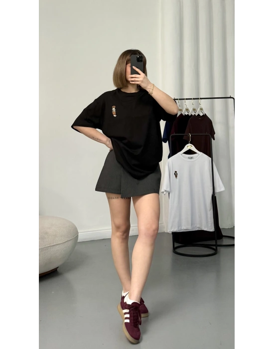 Bear Nakışlı Oversize Tshirt - Siyah